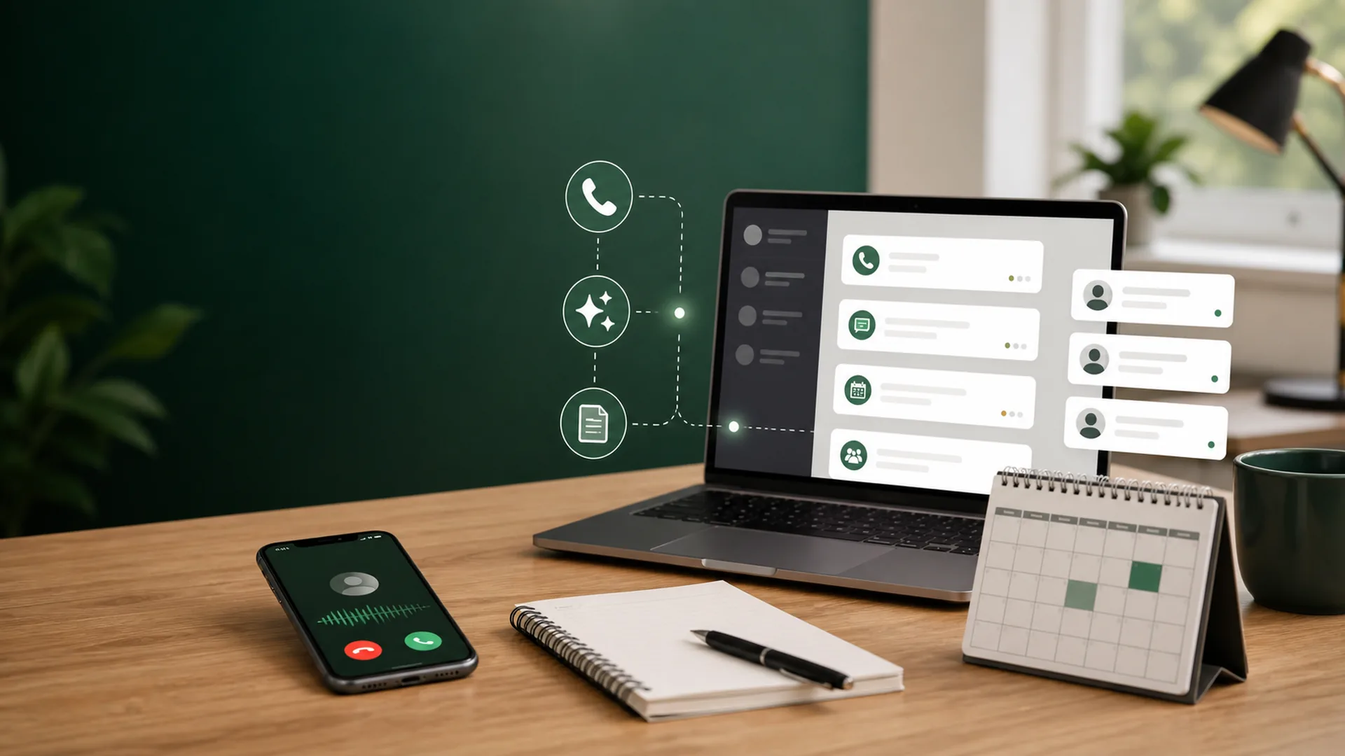 Fluxo de atención con chamada, axenda e resumo para o equipo