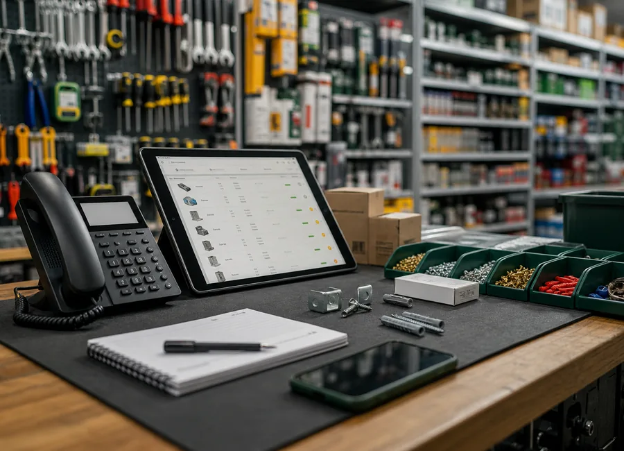 Mostrador de comercio con teléfono e control de stock