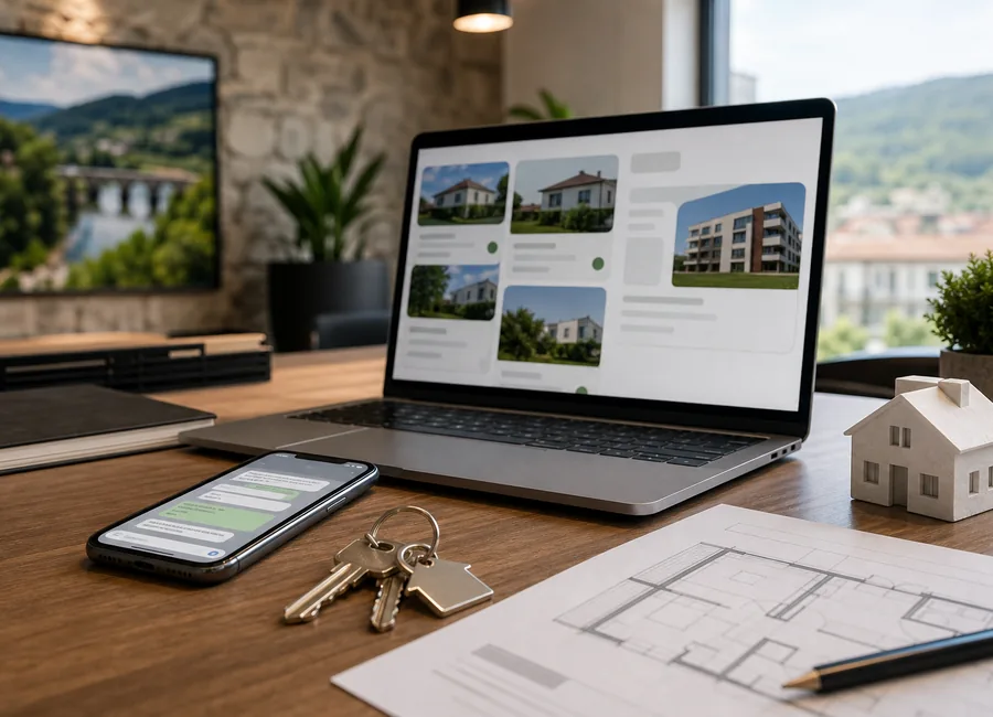 Mesa de inmobiliaria con chaves, planos e consultas de vivenda